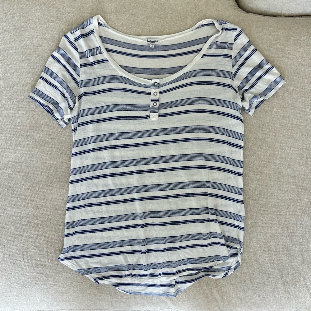 Splendid White and Navy Striped Scoop Henley Tee